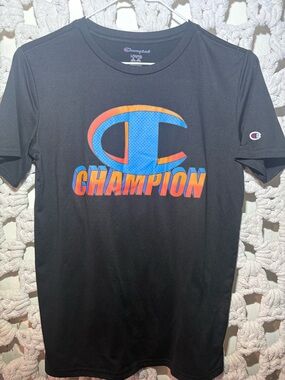 Champion Men's Black Short-Sleeve Tee with Blue & Orange Logo